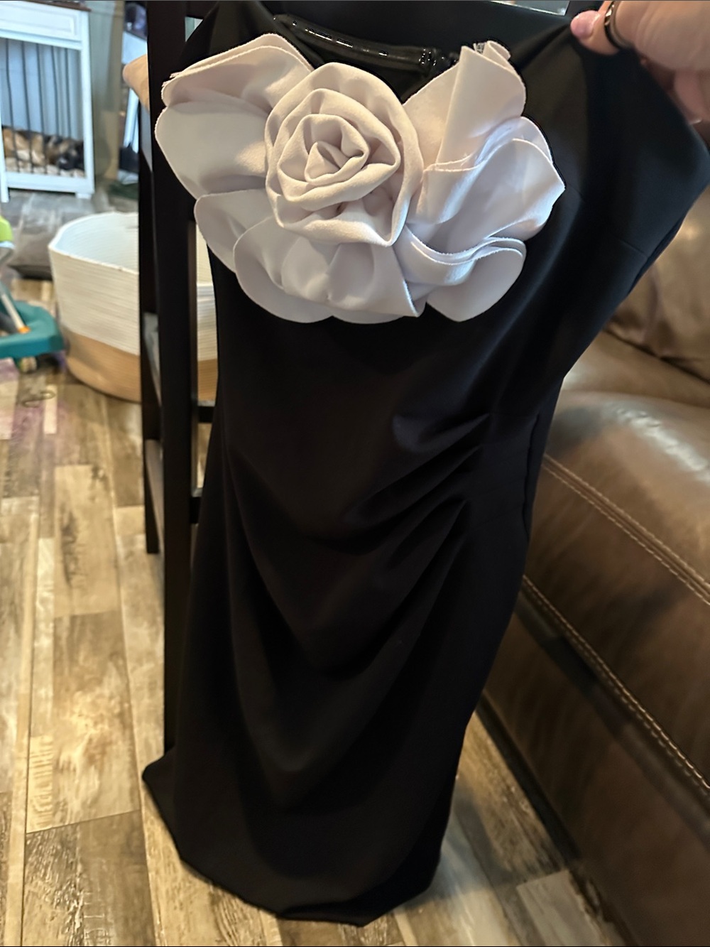 Betsy & Adam Black Strapless Dress with White Rosette